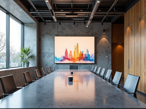 现代化会议室内部，大屏幕显示图表，商务人士正在讨论，体现企业发展愿景